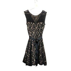 Betsy & Adam Women's Black Lace Over Beige Bow Party Cocktail Dress Sz 12 Witchy